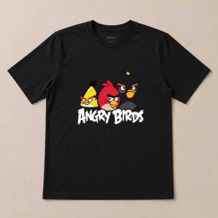Black Angry Birds Graphic T-Shirt with Cartoon Character Print
