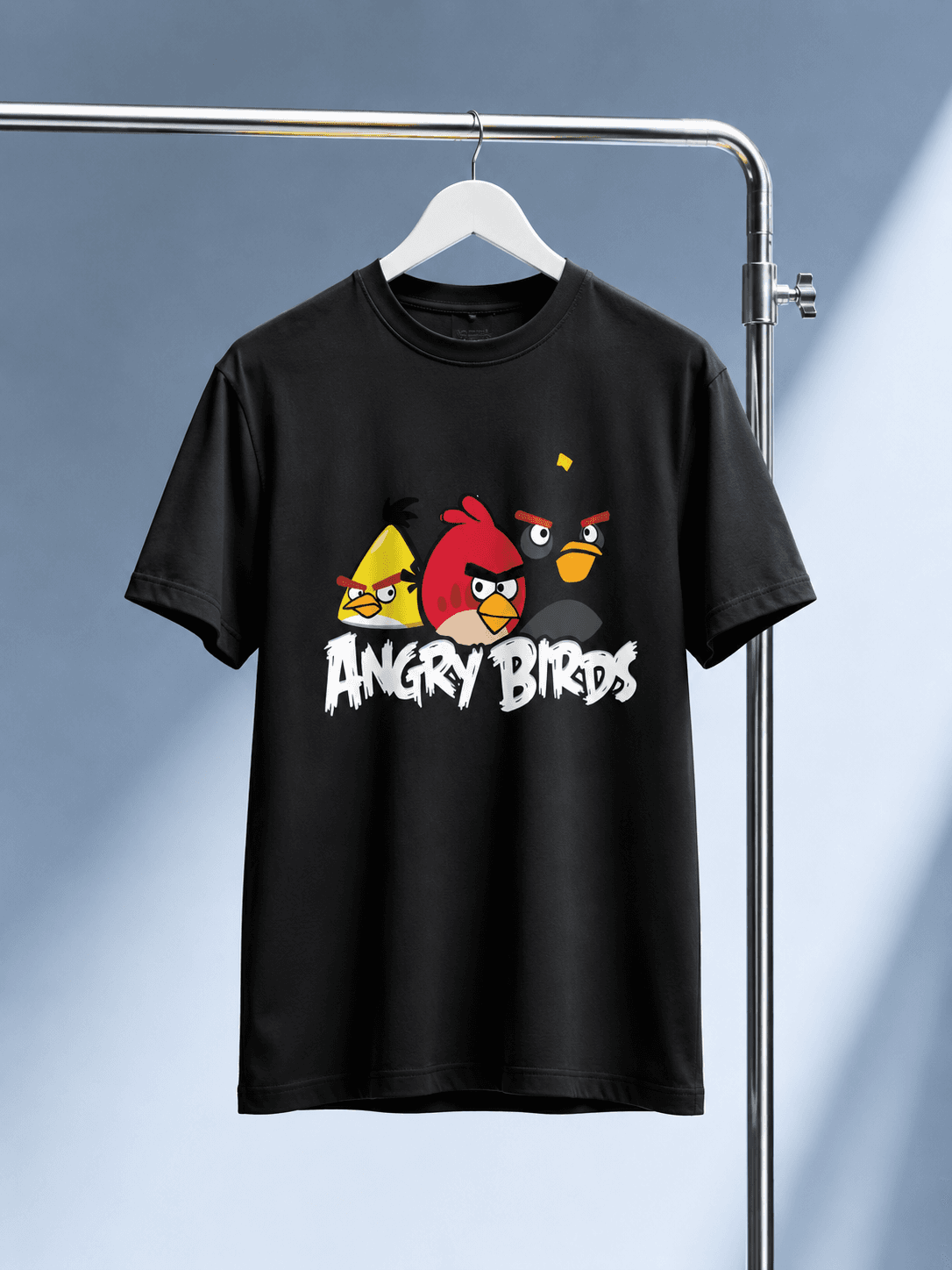 Black Angry Birds Graphic T-Shirt with Cartoon Character Print